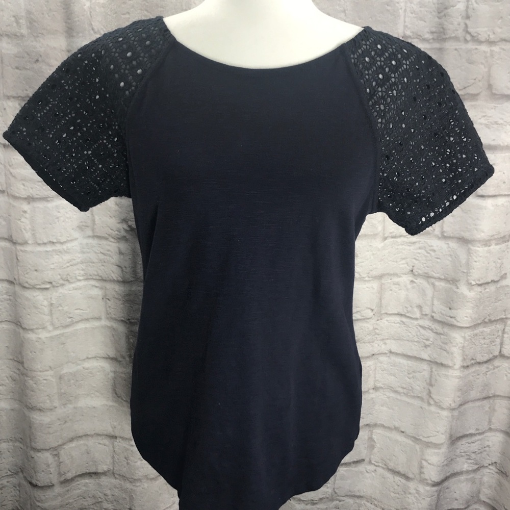 J. Crew Navy Lace Sleeve Tee S